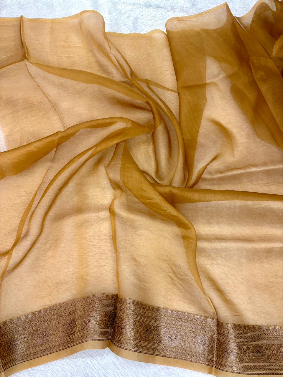 Ethereal Golden Bronze Kora Silk Handloom Saree with Statement Leaf Motifs