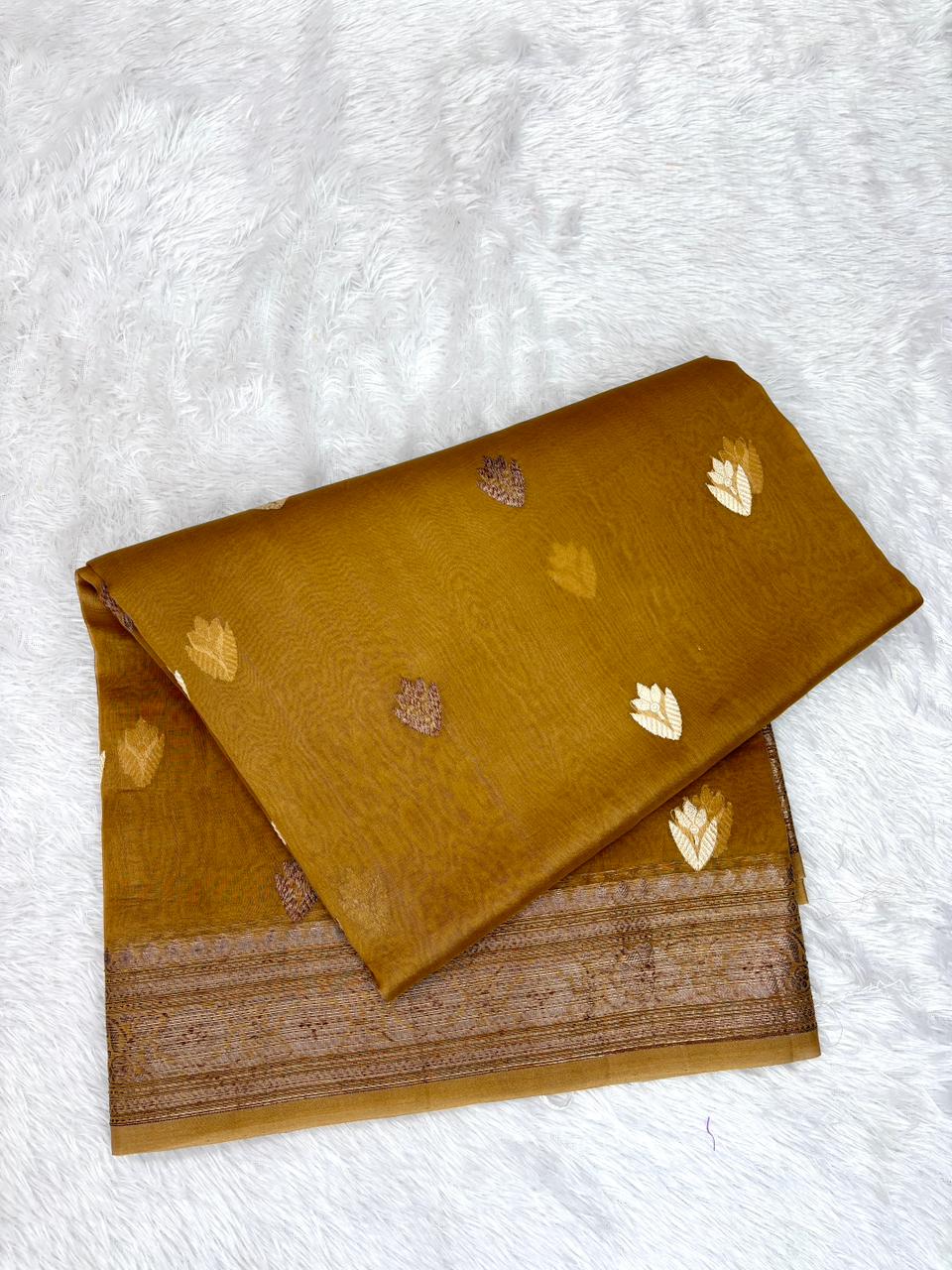 Ethereal Golden Bronze Kora Silk Handloom Saree with Statement Leaf Motifs