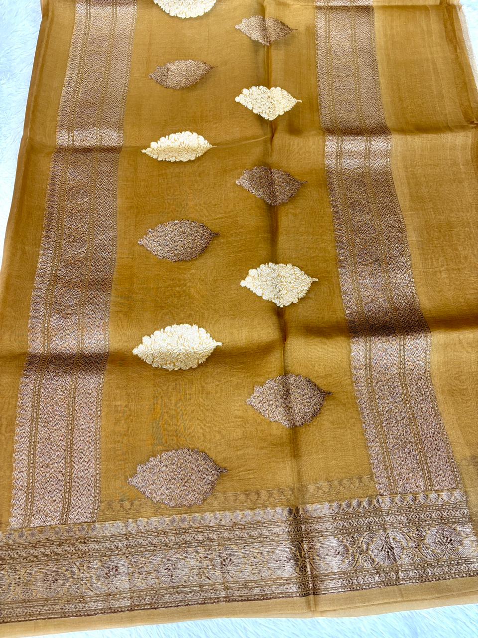 Ethereal Golden Bronze Kora Silk Handloom Saree with Statement Leaf Motifs