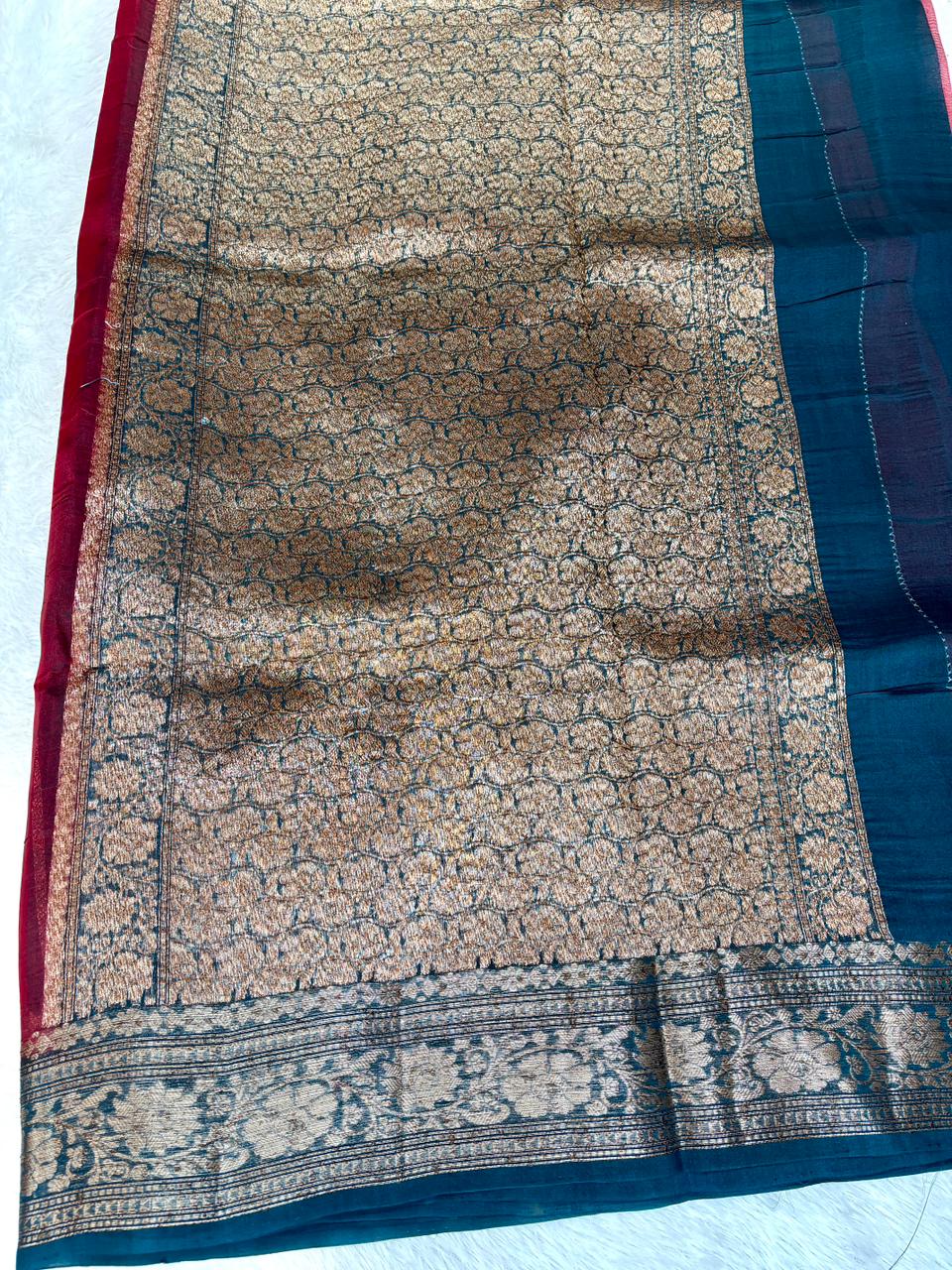 Regal Deep Red Kora Silk Handloom Saree with Contrast Antique Border