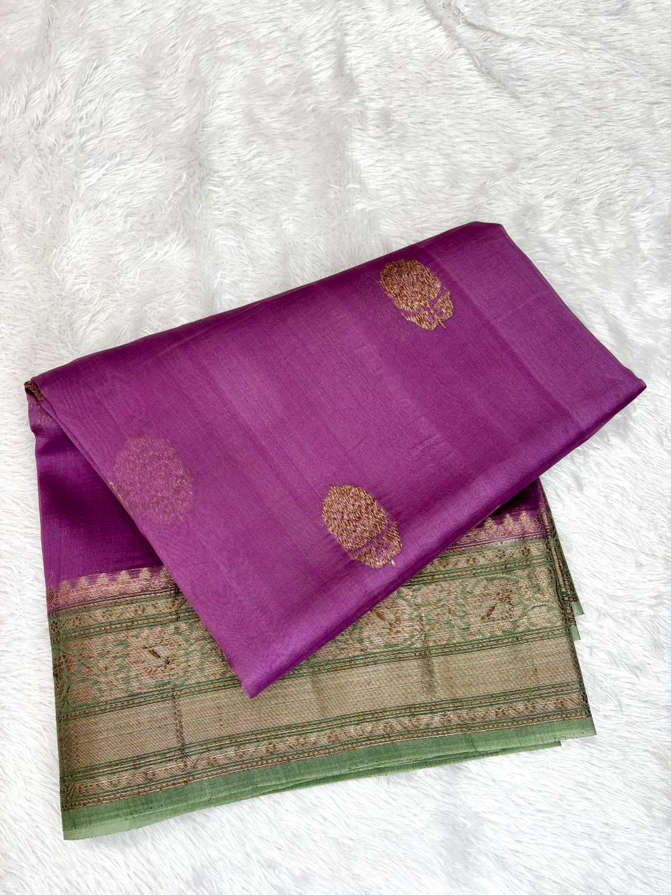 Regal Purple Kora Silk Handloom Saree with Contrast Pista Green Border