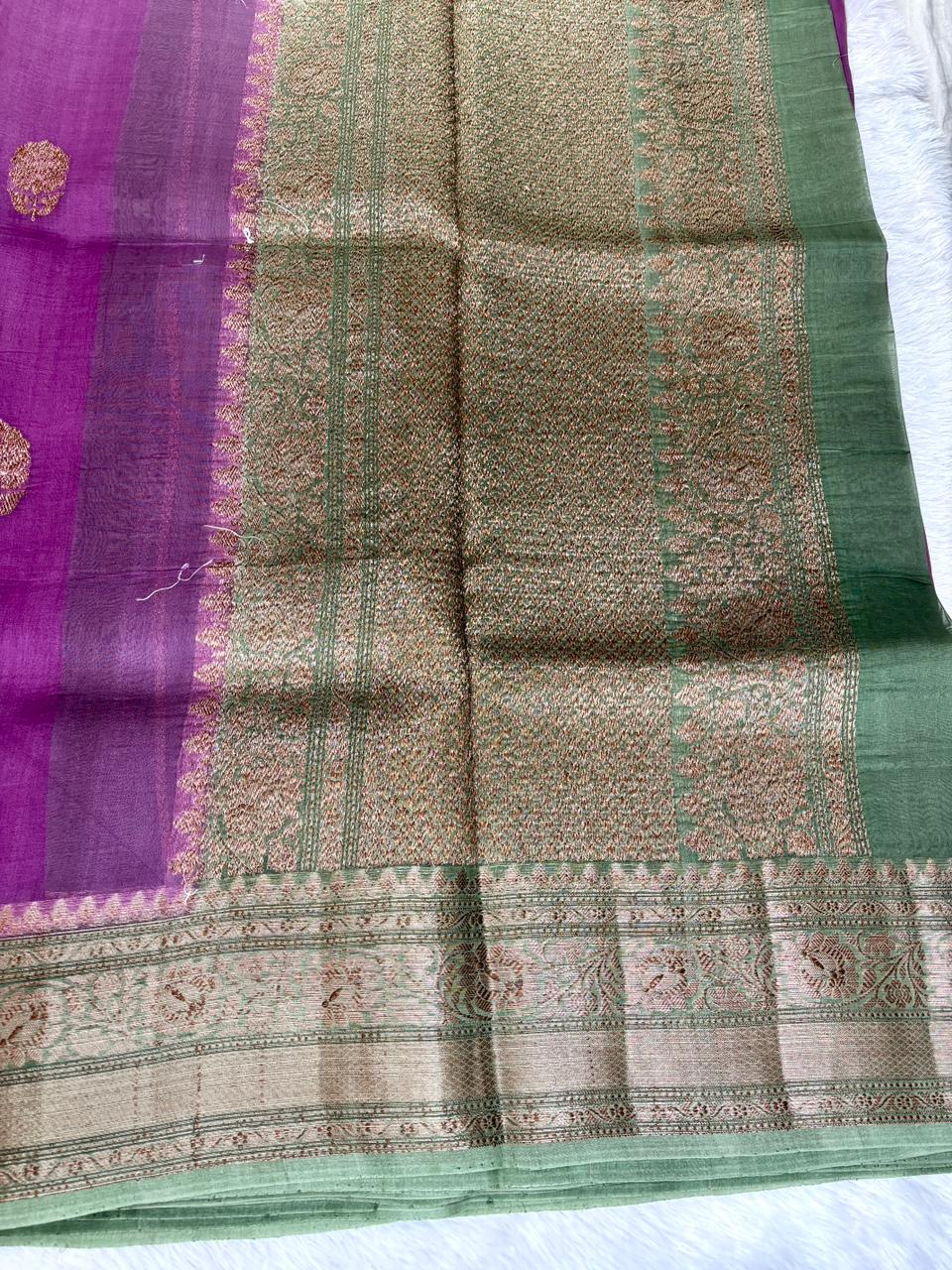 Regal Purple Kora Silk Handloom Saree with Contrast Pista Green Border