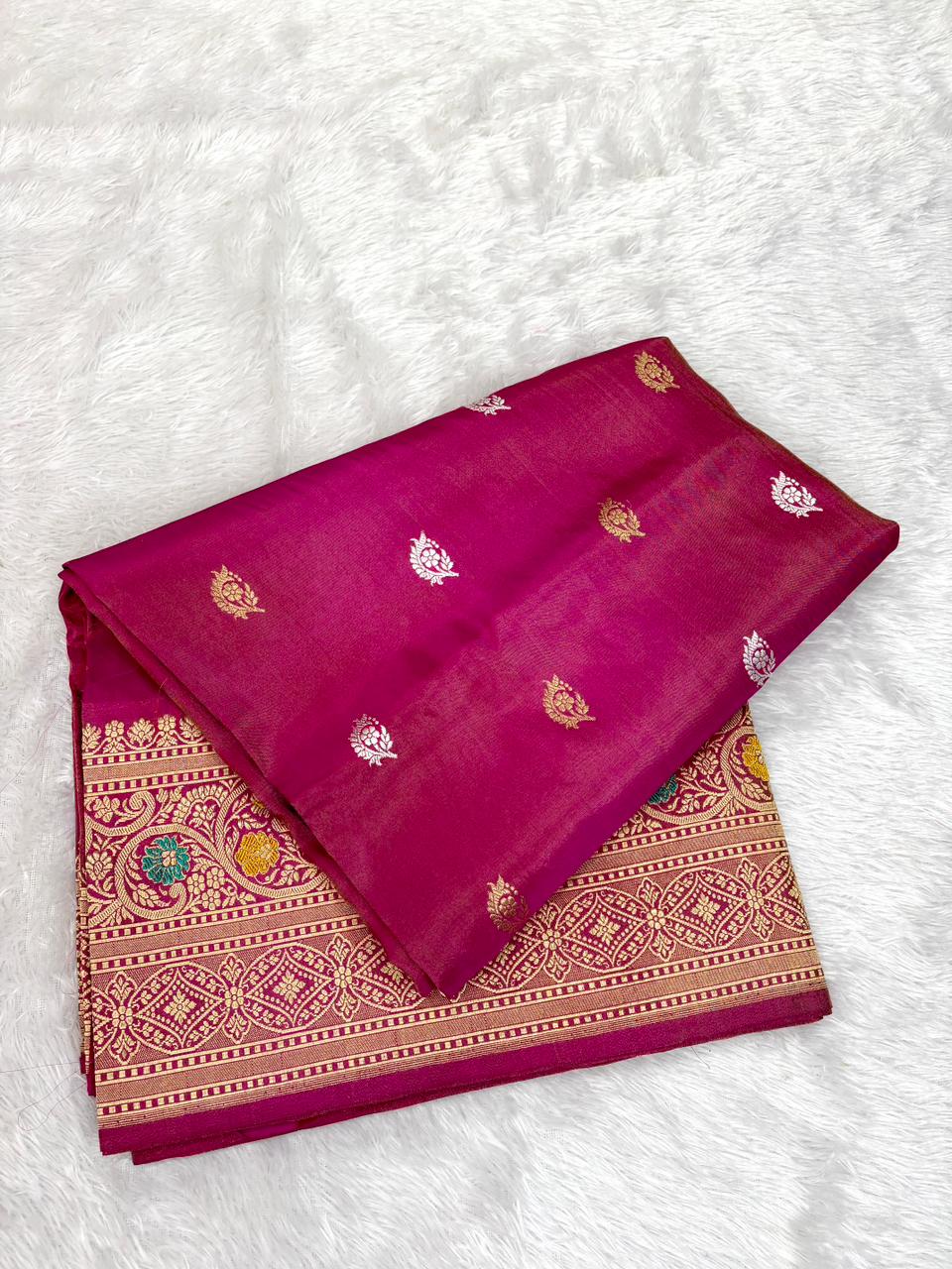 Luxurious Golden Beige Tissue Kadhua Silk Saree with Large Leaf Motifs