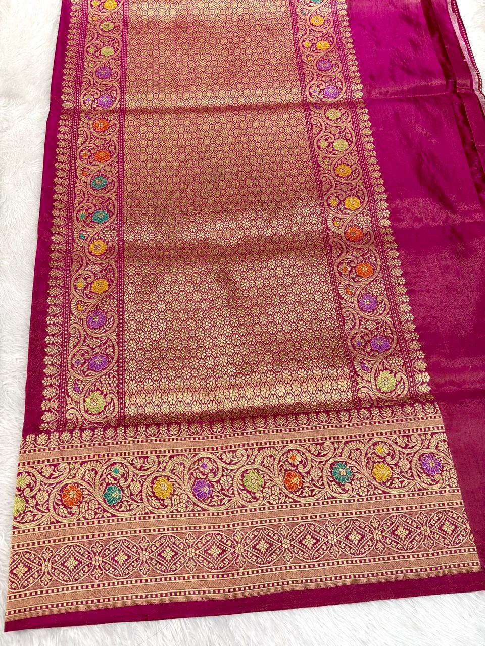 Luxurious Golden Beige Tissue Kadhua Silk Saree with Large Leaf Motifs