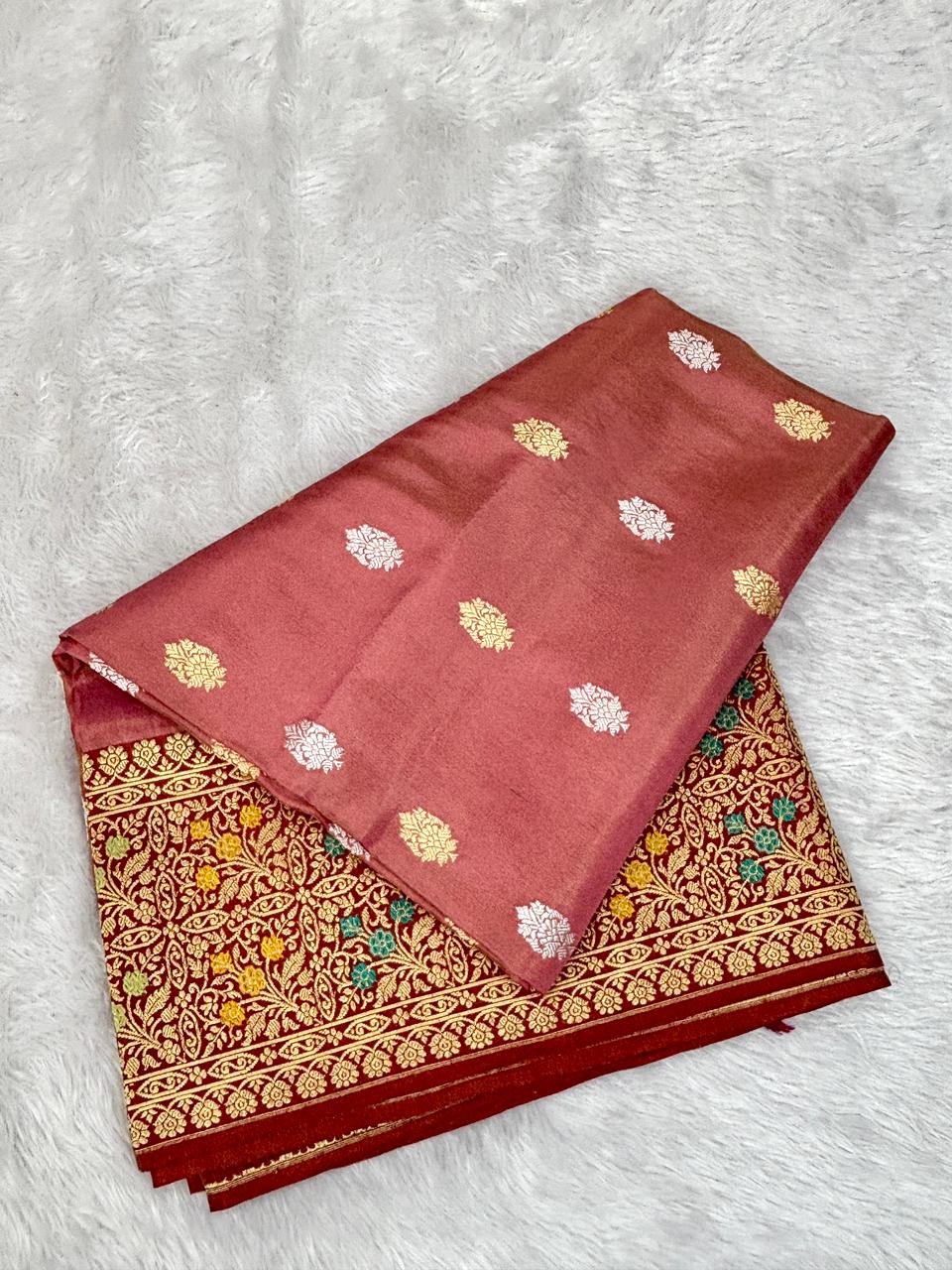 Luxurious Golden Beige Tissue Kadhua Silk Saree with Large Leaf Motifs