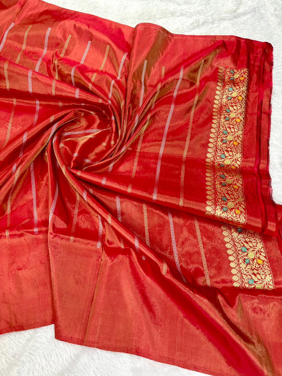 Luxurious Golden Beige Tissue Kadhua Silk Saree with Large Leaf Motifs