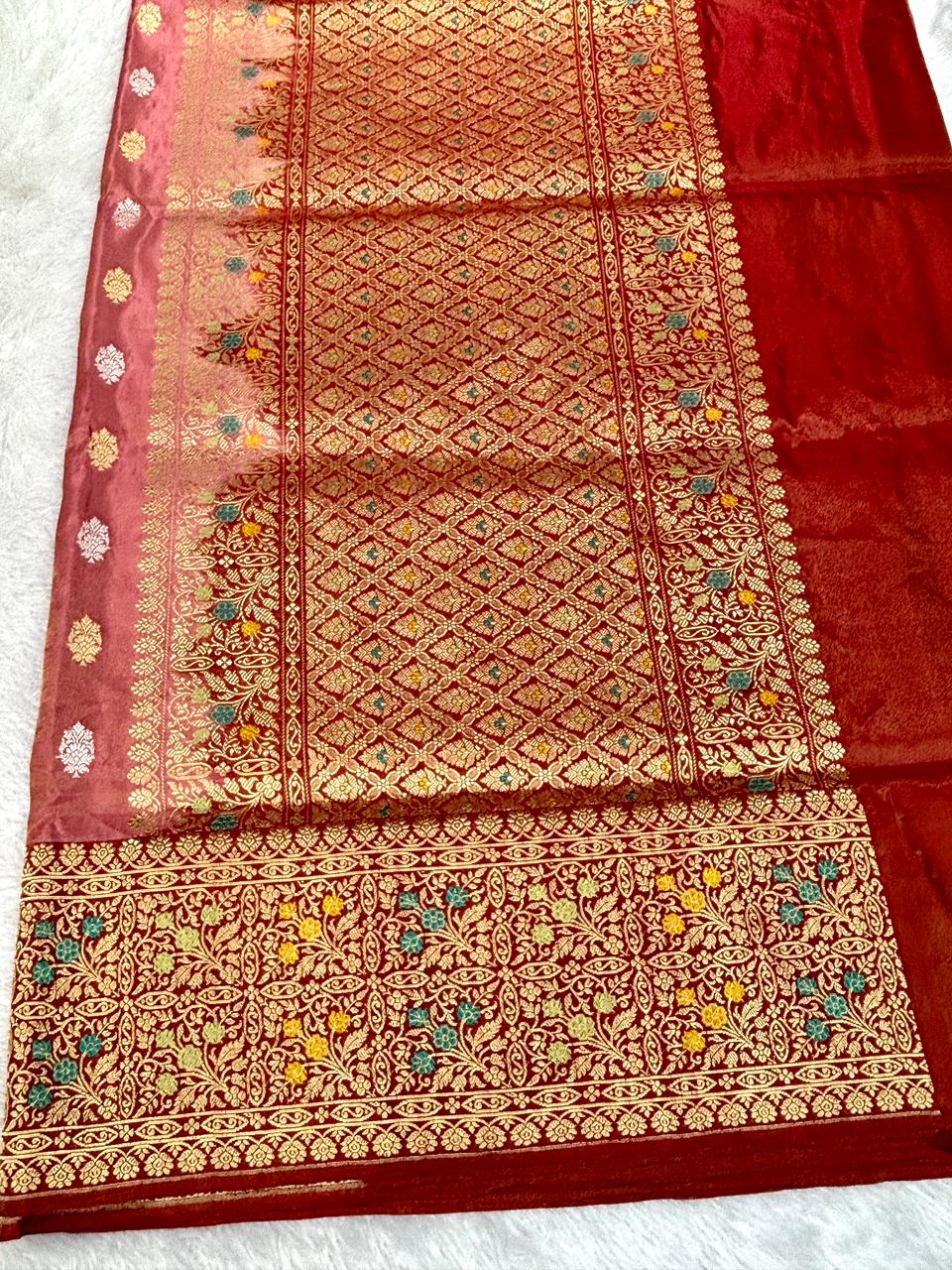 Luxurious Golden Beige Tissue Kadhua Silk Saree with Large Leaf Motifs