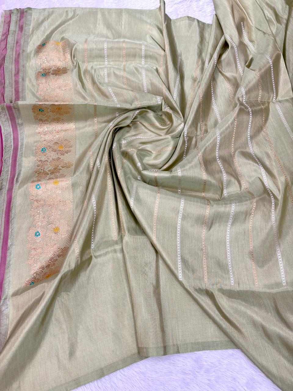 Regal Rust Copper Tissue Silk Saree with Meenakari Floral Border