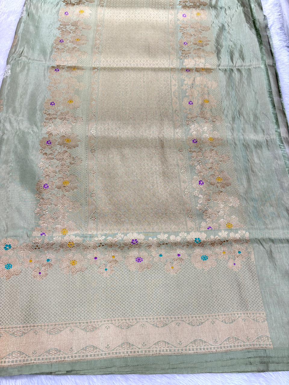 Regal Rust Copper Tissue Silk Saree with Meenakari Floral Border