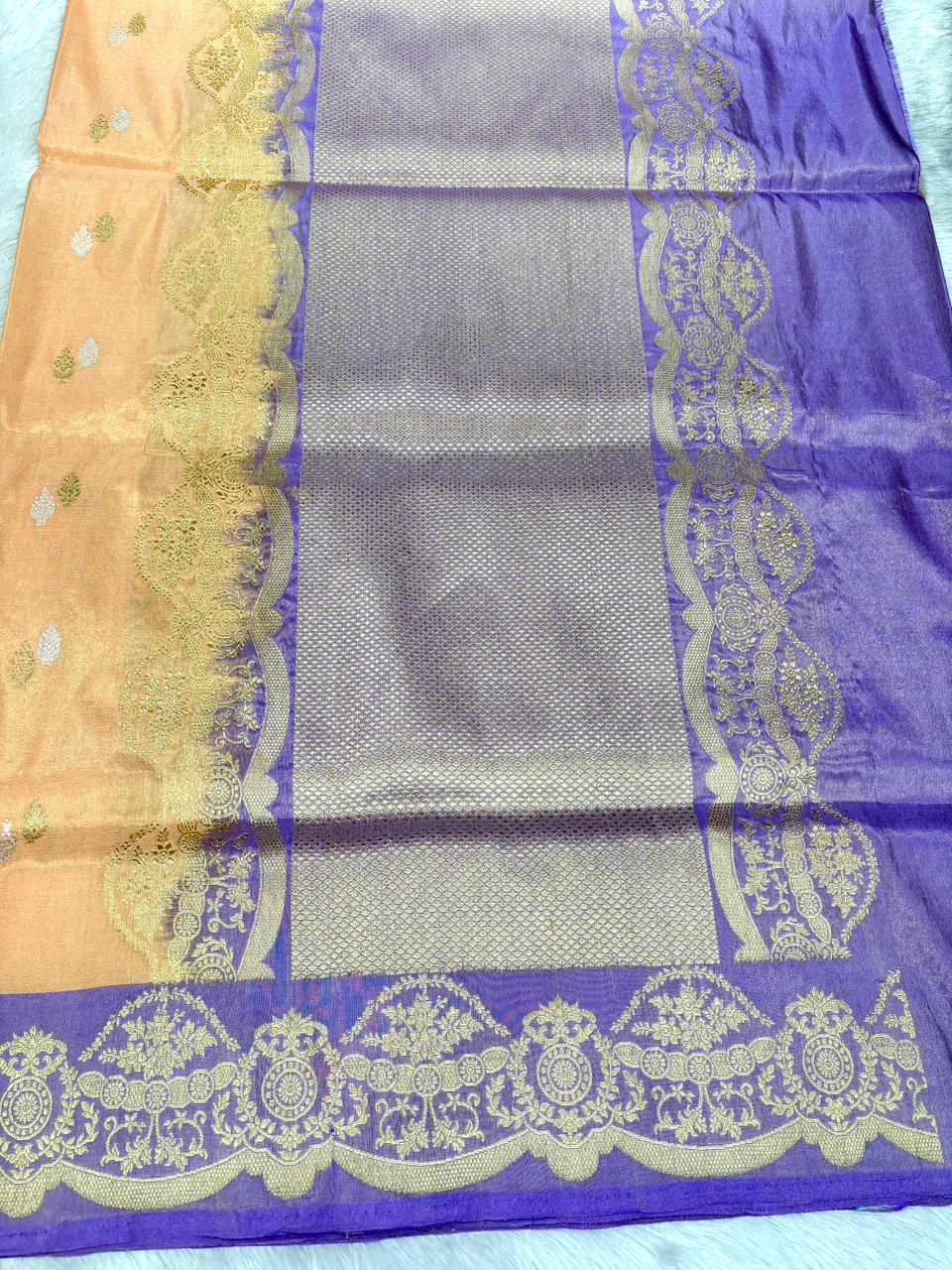 Exquisite Peach Tissue Kadhua Saree with Contrast Purple Scalloped Border