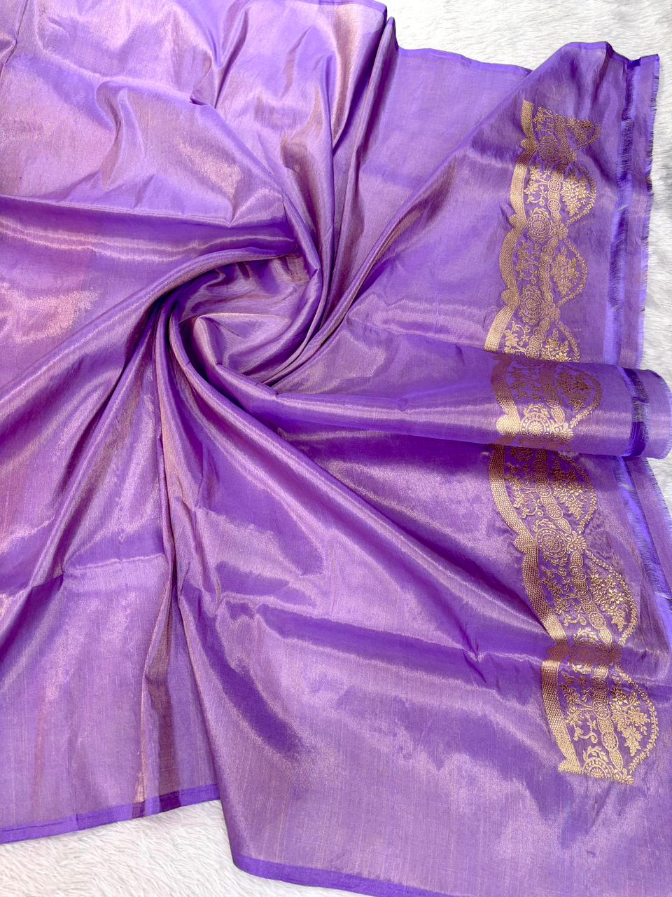 Exquisite Peach Tissue Kadhua Saree with Contrast Purple Scalloped Border