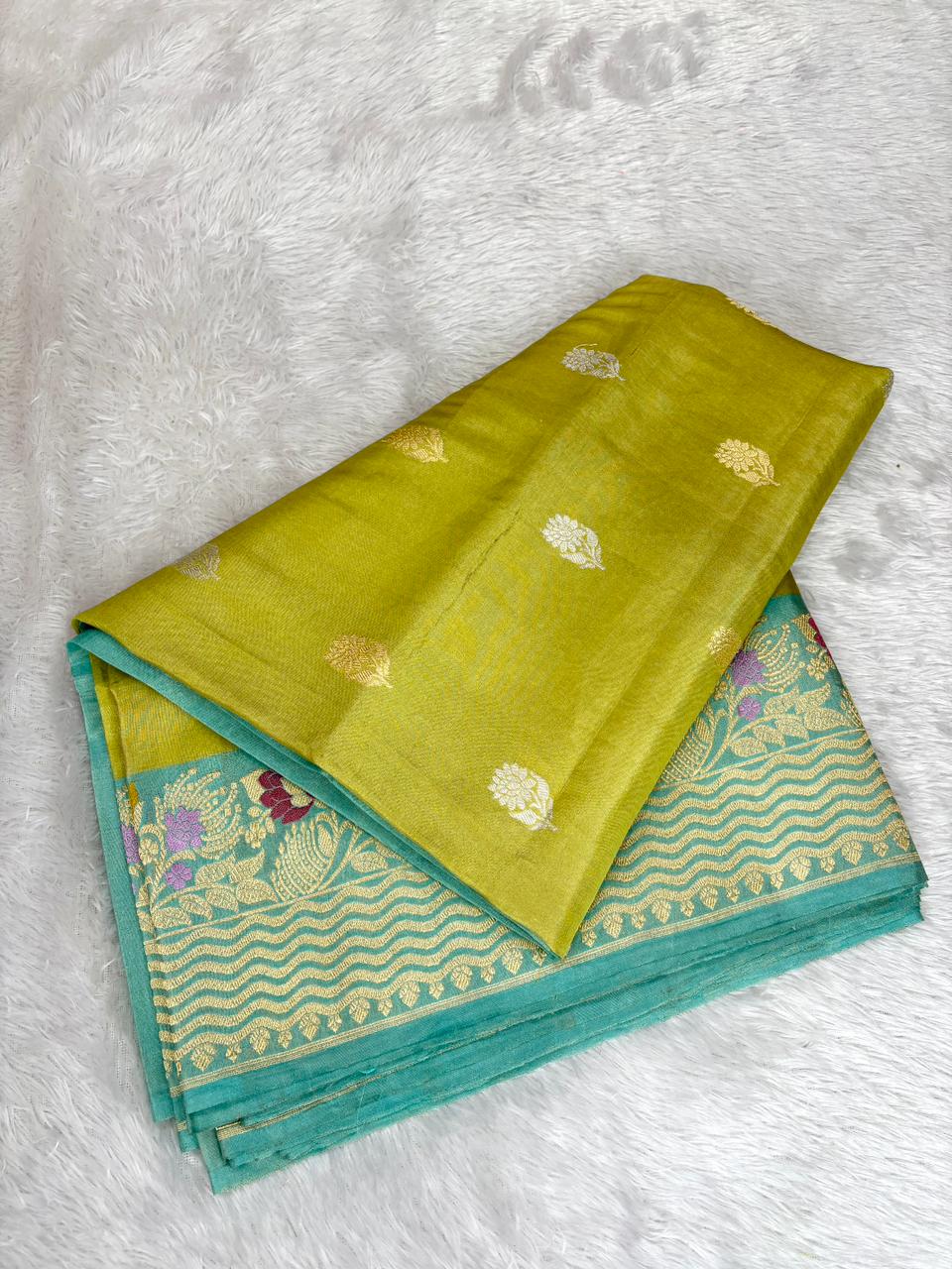 Refreshing Sea Green Premium Tissue Silk Saree with Meenakari Floral Border