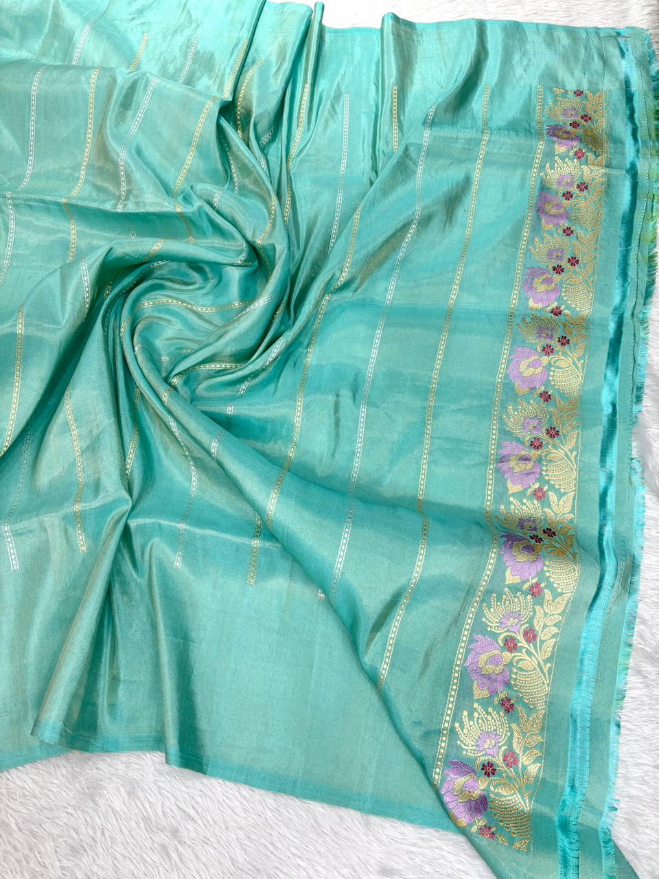 Refreshing Sea Green Premium Tissue Silk Saree with Meenakari Floral Border