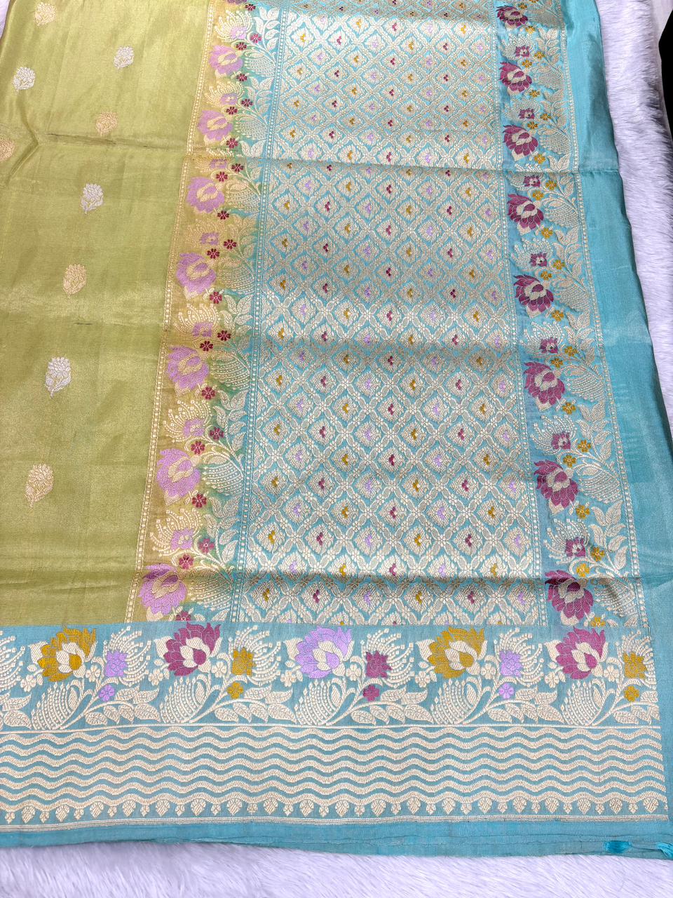 Refreshing Sea Green Premium Tissue Silk Saree with Meenakari Floral Border