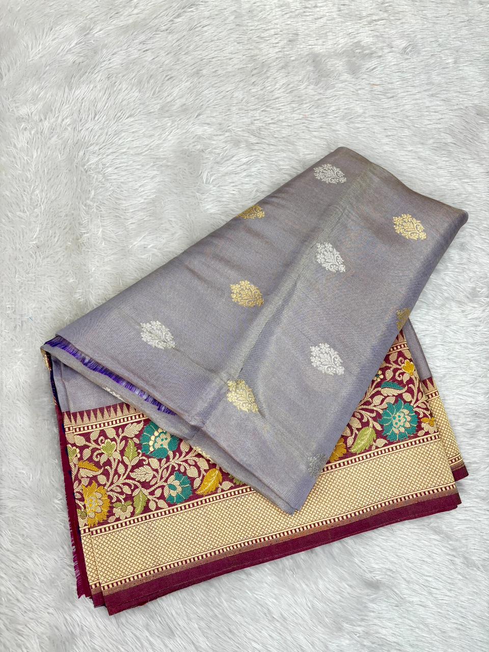 Regal Silver Grey Premium Tissue Silk Saree with Contrast Maroon Meenakari Border