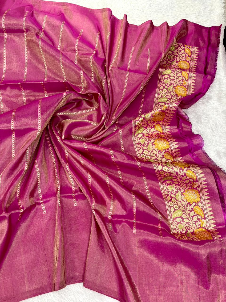 Regal Silver Grey Premium Tissue Silk Saree with Contrast Maroon Meenakari Border