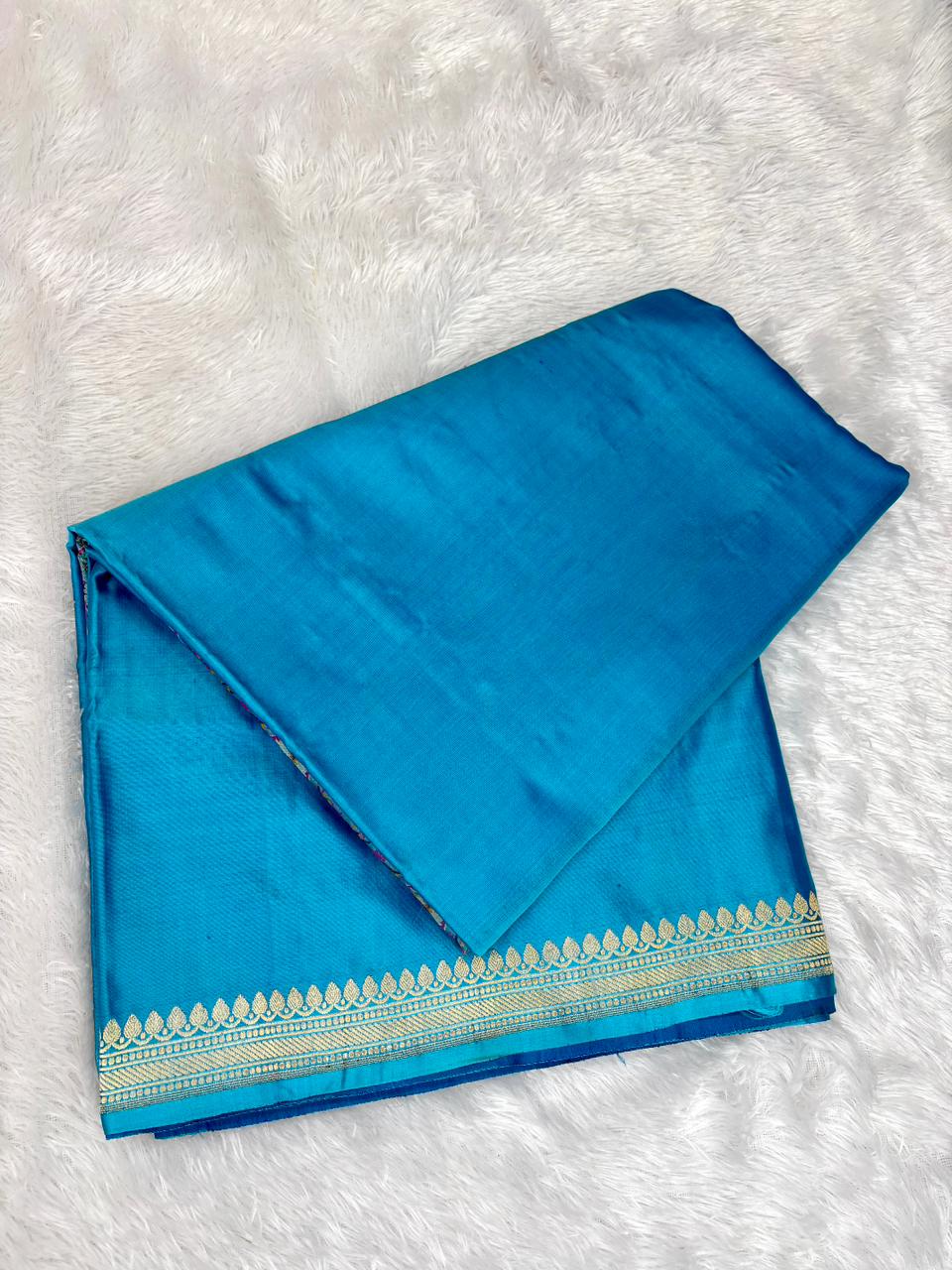 Premium Turquoise Blue Banarasi Mushru Silk Saree with Floral Bel Booti & Paisley Pallu
