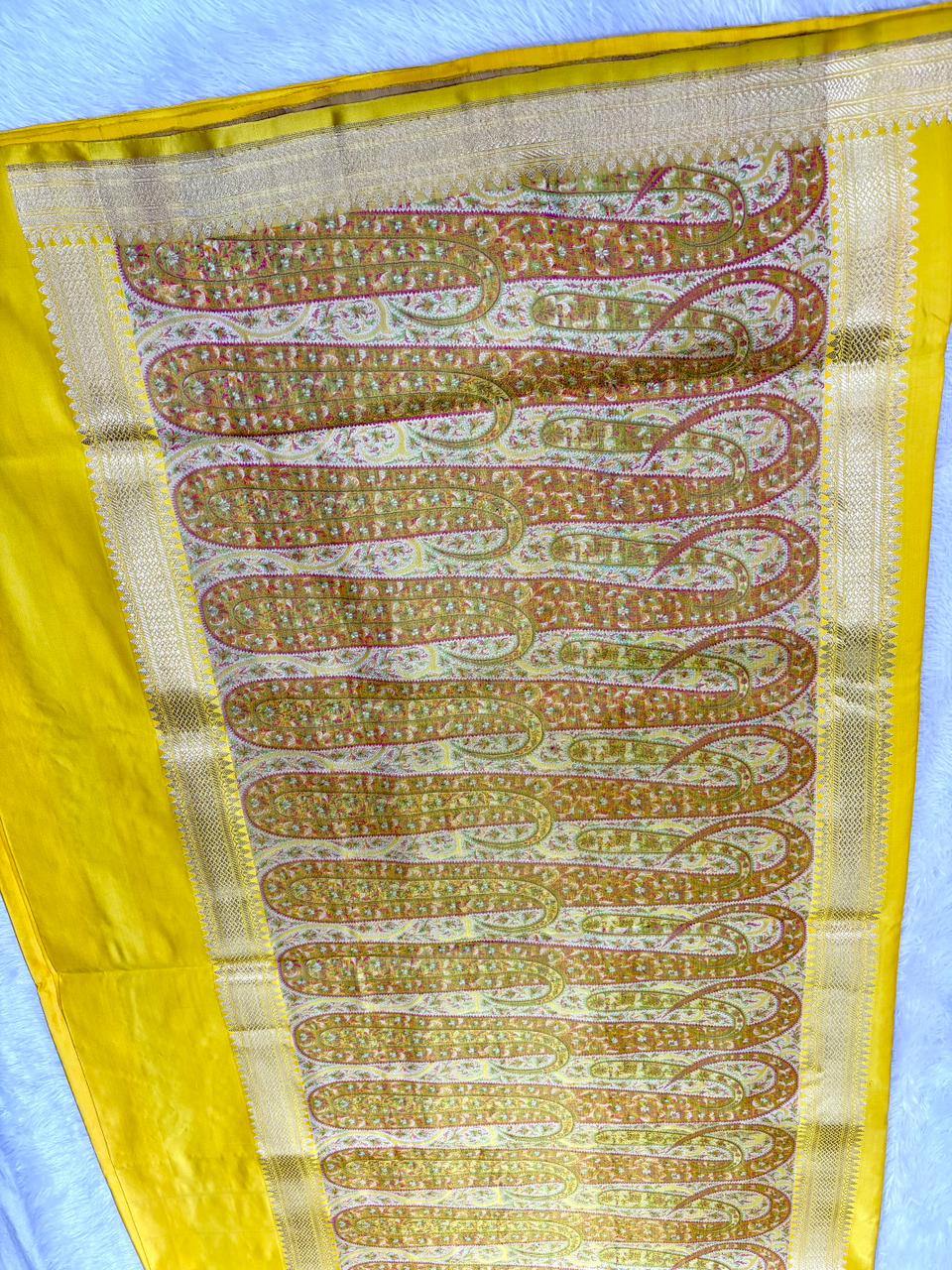 Premium Yellow Banarasi Mushru Silk Saree with Floral Bel Booti and Grand Paisley Pallu.