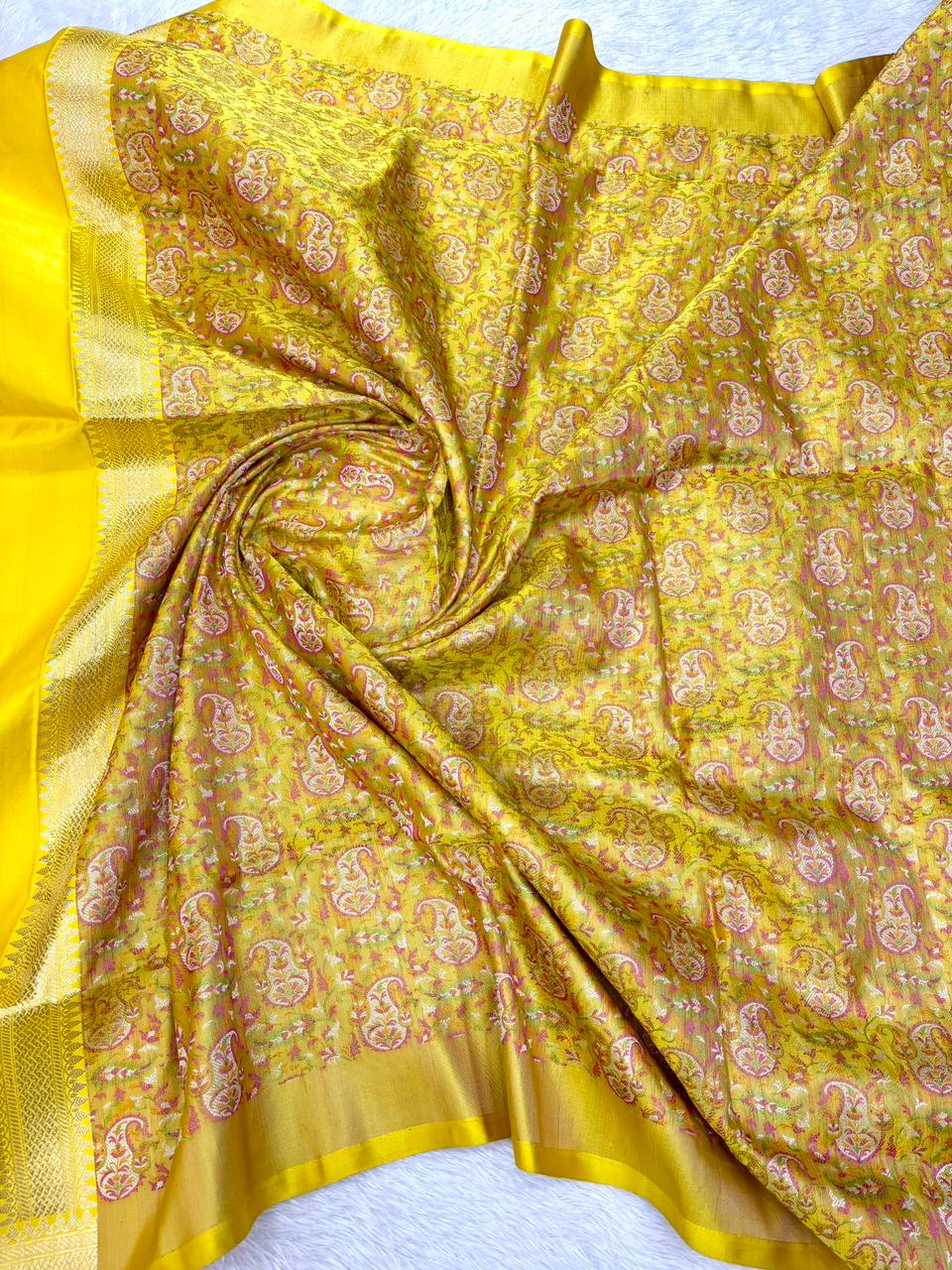Premium Yellow Banarasi Mushru Silk Saree with Floral Bel Booti and Grand Paisley Pallu.
