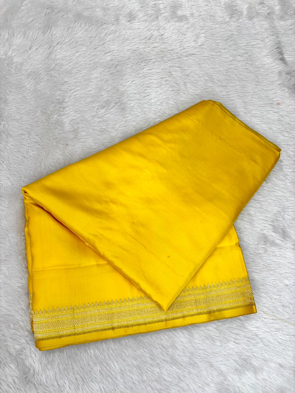 Premium Yellow Banarasi Mushru Silk Saree with Floral Bel Booti and Grand Paisley Pallu.