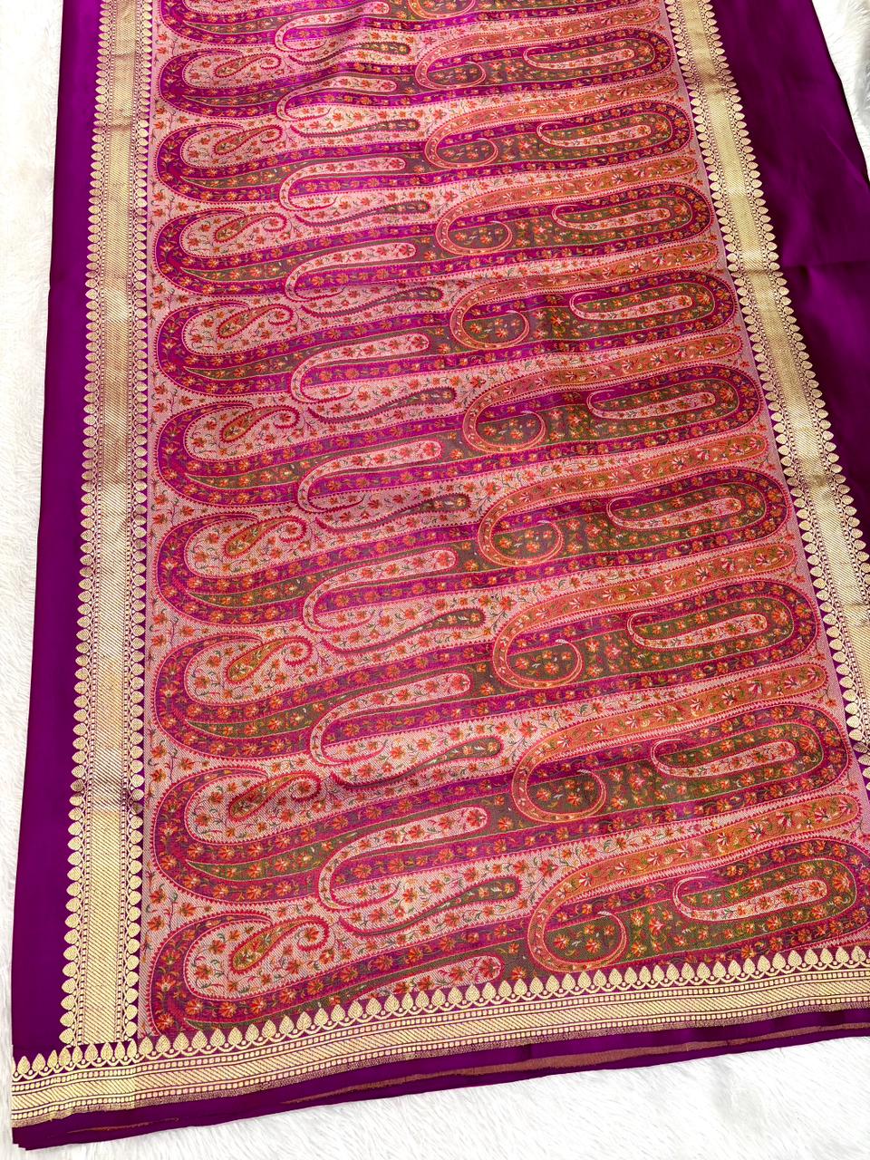Premium Deep Purple Banarasi Mushru Silk Saree with Floral Bel & Grand Paisley Pallu