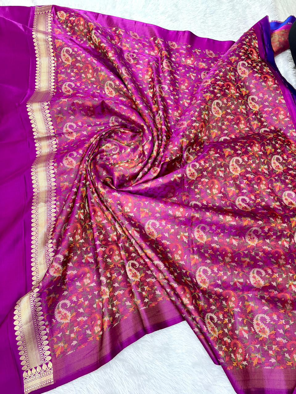Premium Deep Purple Banarasi Mushru Silk Saree with Floral Bel & Grand Paisley Pallu