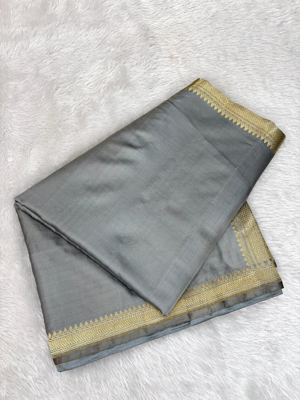 Premium Steel Grey Banarasi Mushru Silk Saree with Floral Bel & Grand Paisley Pallu