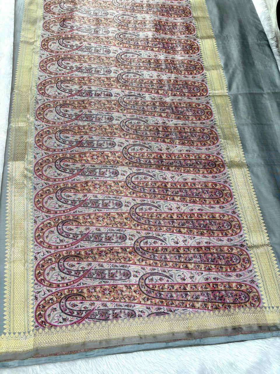 Premium Steel Grey Banarasi Mushru Silk Saree with Floral Bel & Grand Paisley Pallu