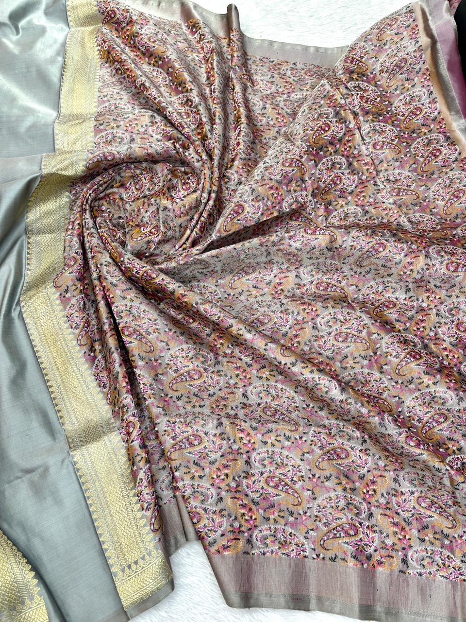 Premium Steel Grey Banarasi Mushru Silk Saree with Floral Bel & Grand Paisley Pallu