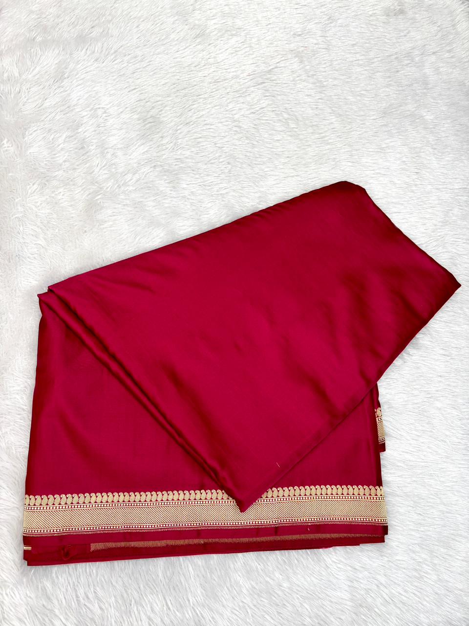 Premium Deep Red Banarasi Mushru Silk Saree with Floral Bel Booti & Grand Paisley Pallu