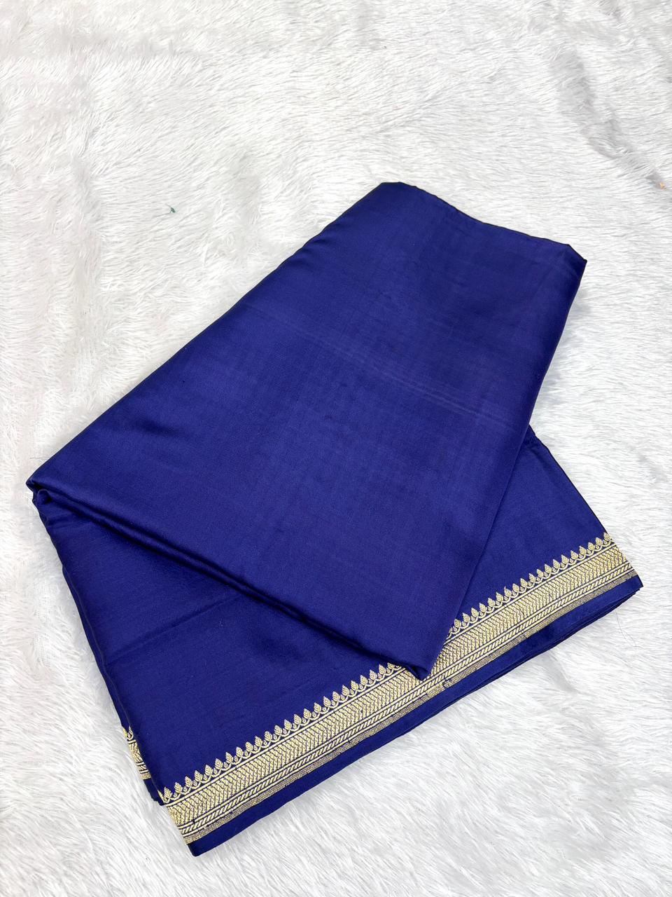 Premium Electric Blue Banarasi Mushru Silk Saree with All-Over Floral Bel-Booti & Heritage Paisley Pallu