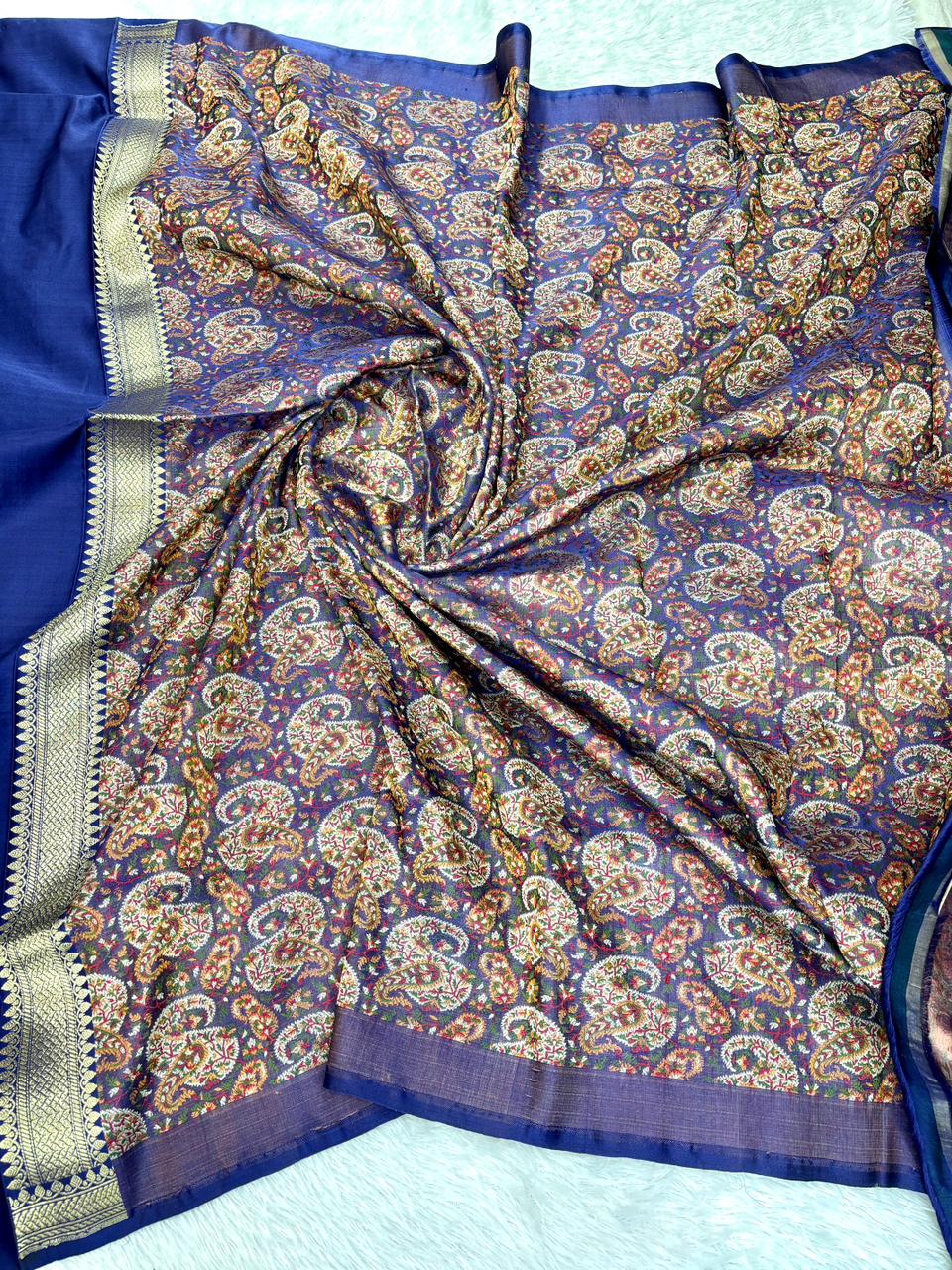 Premium Electric Blue Banarasi Mushru Silk Saree with All-Over Floral Bel-Booti & Heritage Paisley Pallu