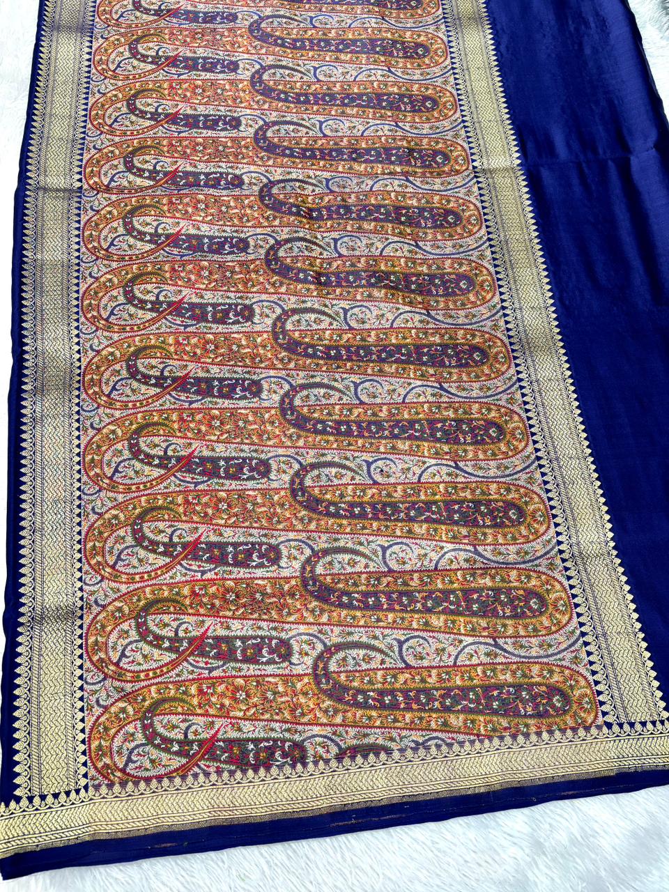 Premium Electric Blue Banarasi Mushru Silk Saree with All-Over Floral Bel-Booti & Heritage Paisley Pallu