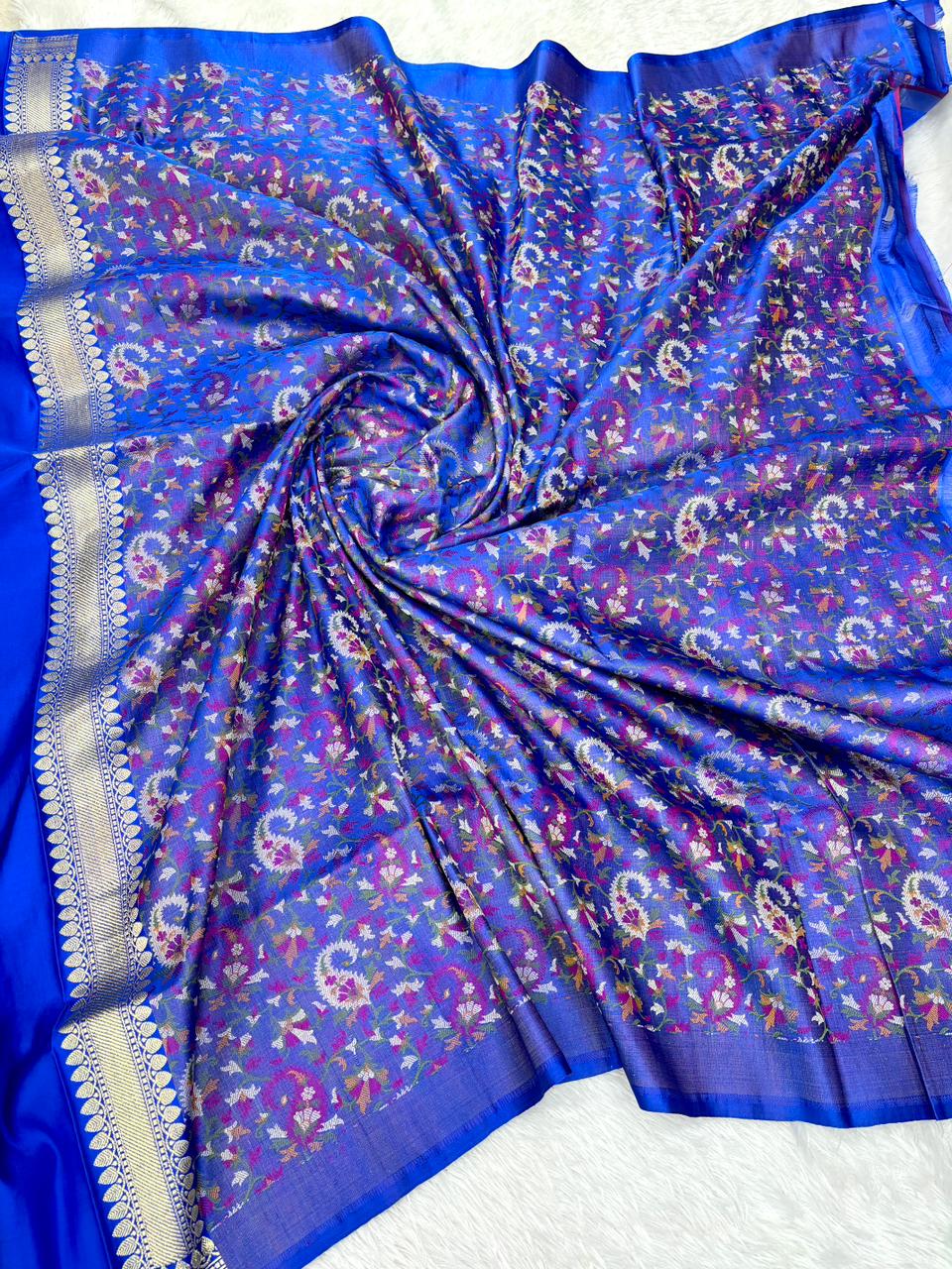 Premium Royal Blue Banarasi Mushru Silk Saree with Floral Bel-Booti & Heritage Paisley Pallu
