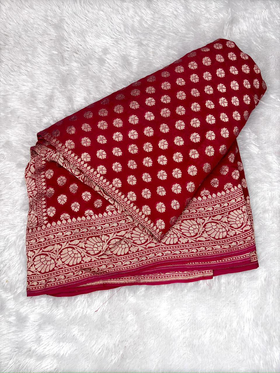 Exquisite Ruby Red Khaddi Georgette Handloom Saree with Floral Buti