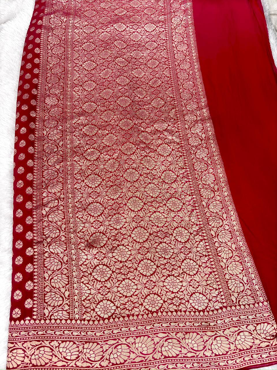 Exquisite Ruby Red Khaddi Georgette Handloom Saree with Floral Buti