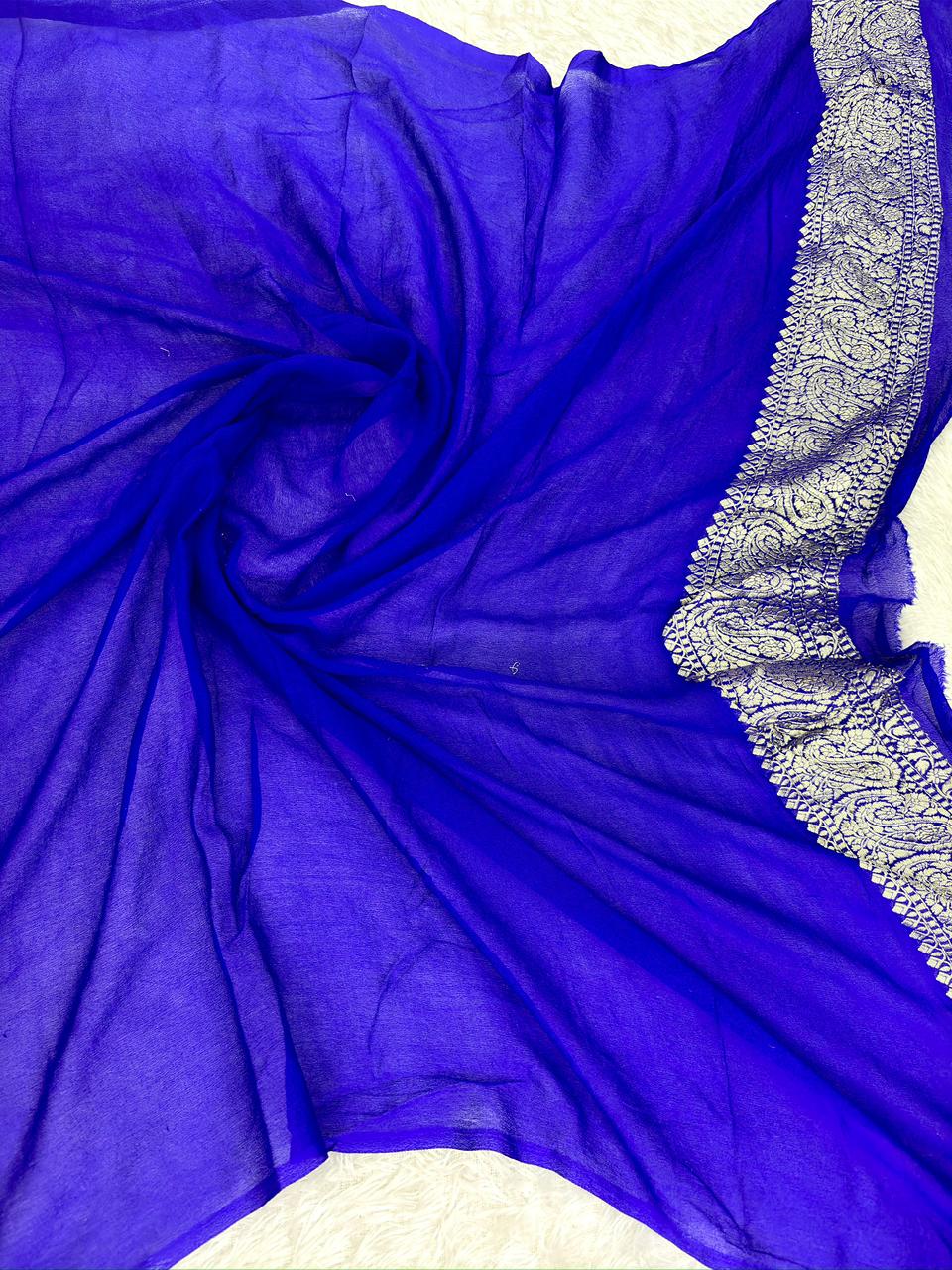Regal Royal Blue Khaddi Georgette Handloom Saree with Zari Buti
