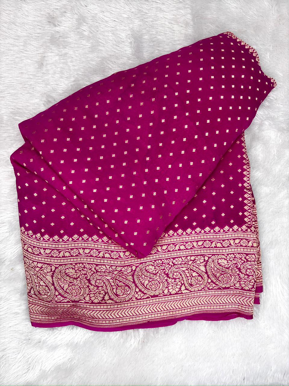 Radiant Magenta Pink Khaddi Georgette Handloom Saree with Geometric Zari Buti