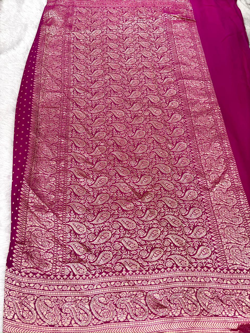 Radiant Magenta Pink Khaddi Georgette Handloom Saree with Geometric Zari Buti