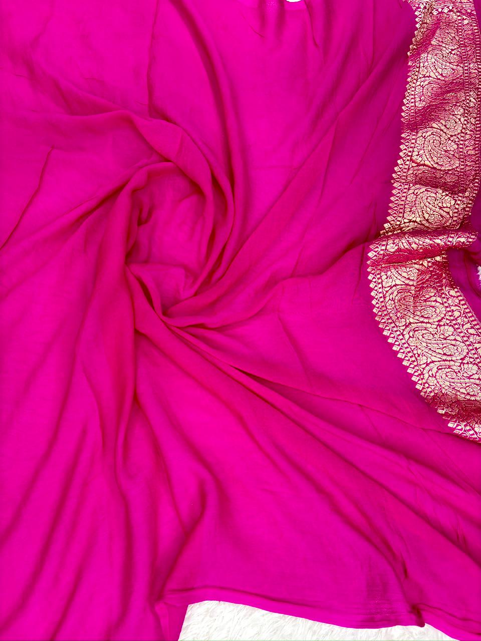 Radiant Magenta Pink Khaddi Georgette Handloom Saree with Geometric Zari Buti