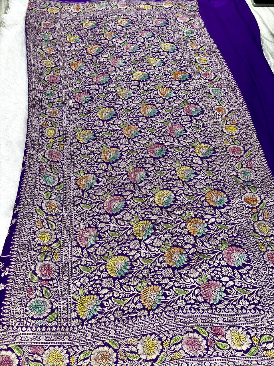 Majestic Royal Purple Khaddi Georgette Handloom Saree with Multi-Color Meenakari Jaal