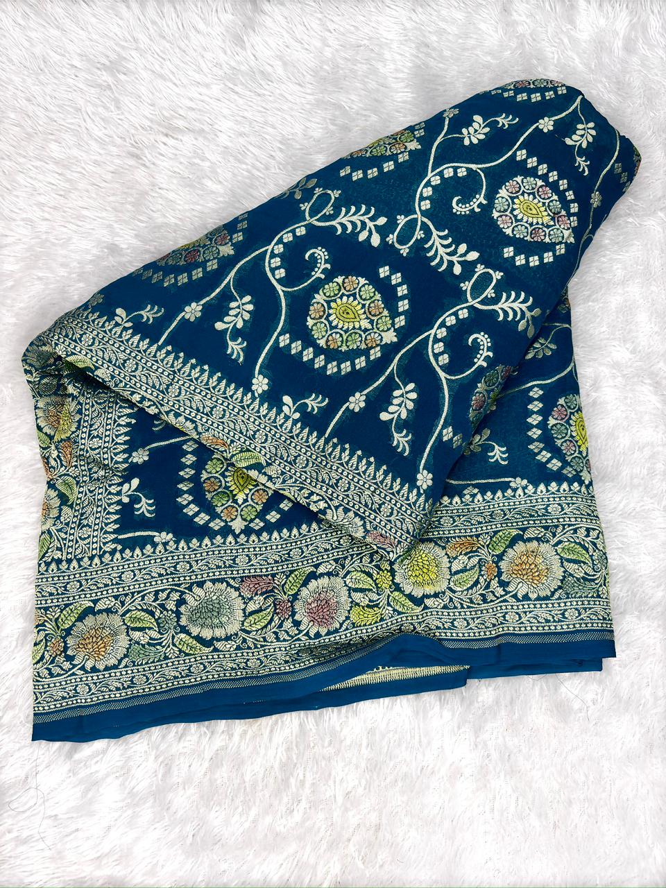 Exquisite Teal Blue Khaddi Georgette Handloom Saree with Multi-Color Meenakari Jaal