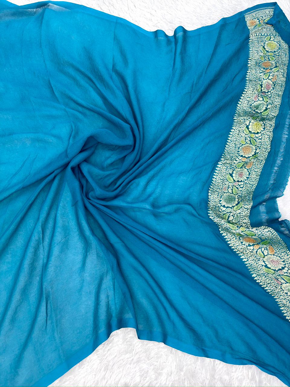 Exquisite Teal Blue Khaddi Georgette Handloom Saree with Multi-Color Meenakari Jaal