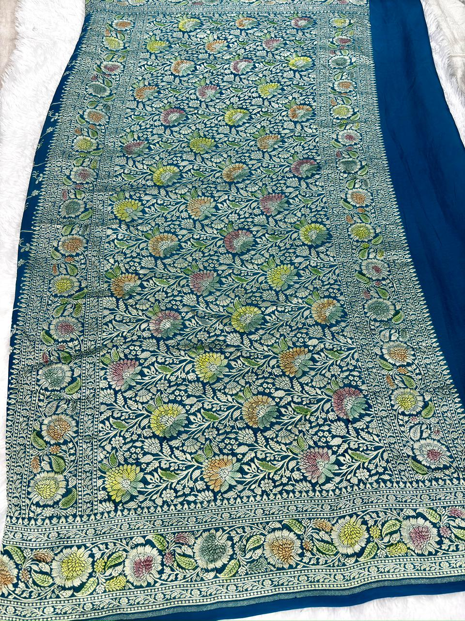 Exquisite Teal Blue Khaddi Georgette Handloom Saree with Multi-Color Meenakari Jaal