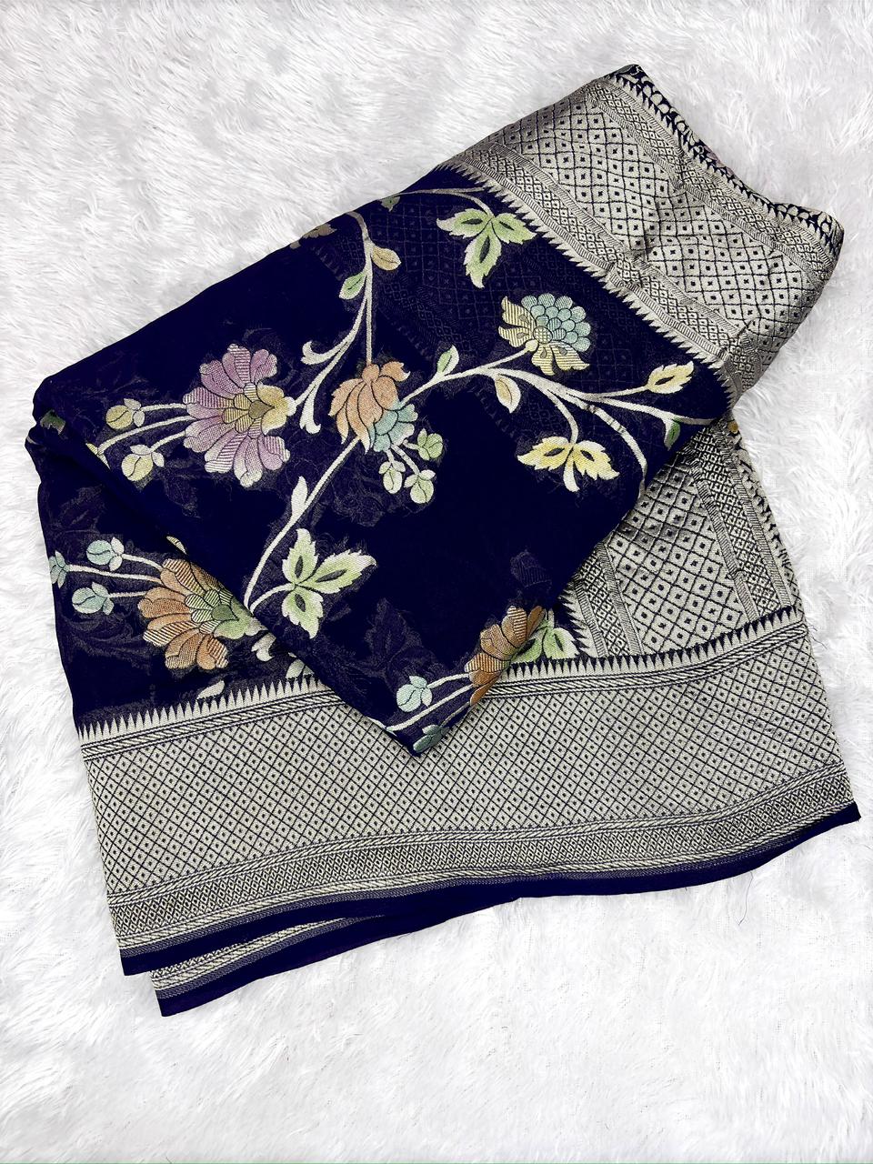 Enchanting Midnight Blue Khaddi Georgette Handloom Saree with Pastel Meenakari Jaal