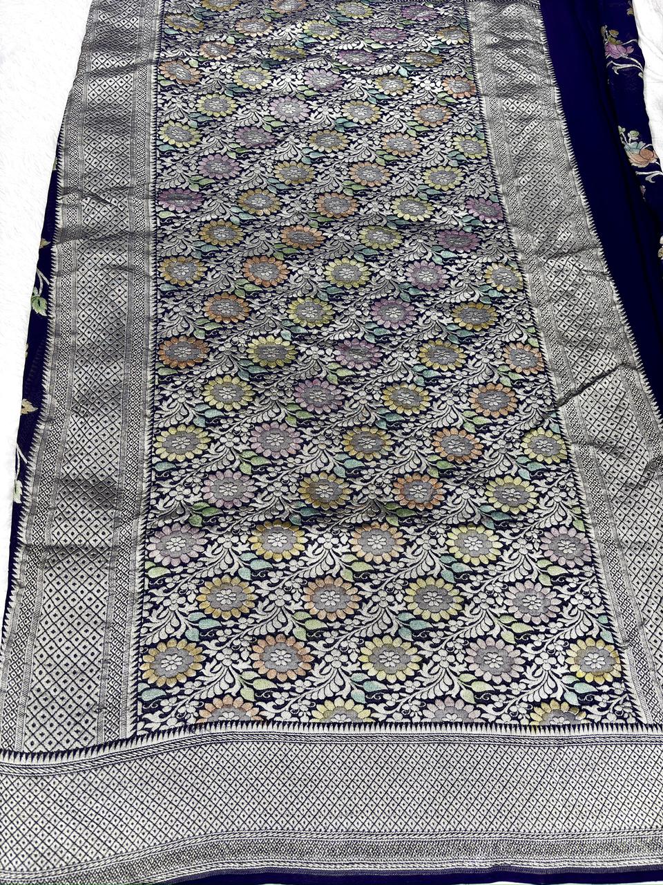 Enchanting Midnight Blue Khaddi Georgette Handloom Saree with Pastel Meenakari Jaal