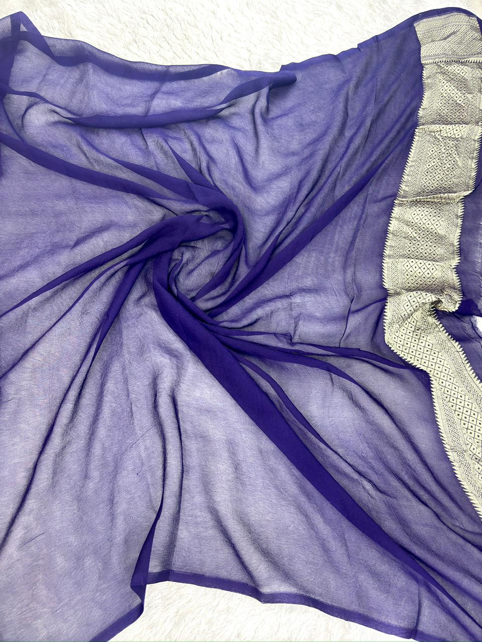 Enchanting Midnight Blue Khaddi Georgette Handloom Saree with Pastel Meenakari Jaal