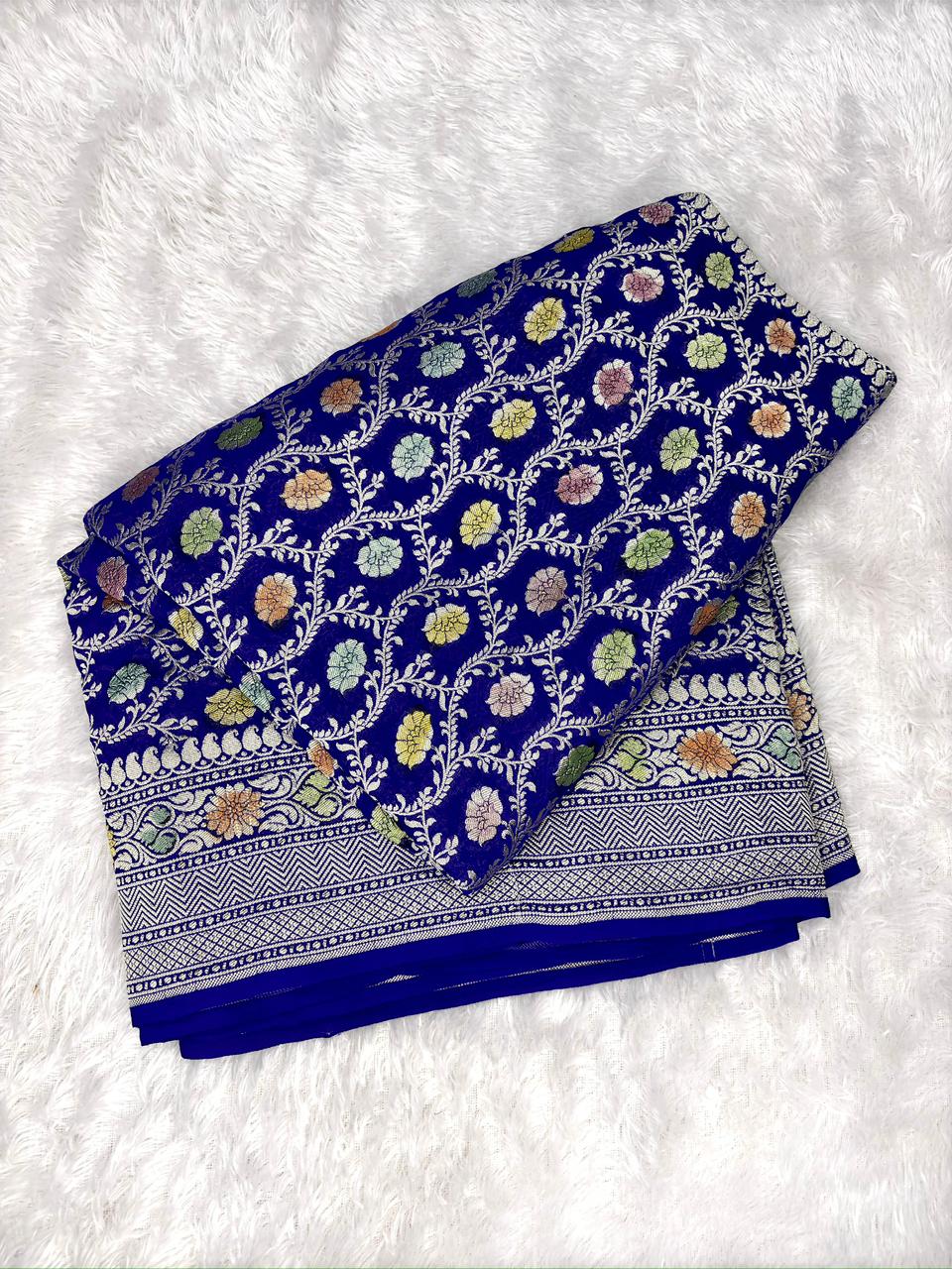 Majestic Royal Blue Khaddi Georgette Saree with Multi-Color Meenakari Jaal