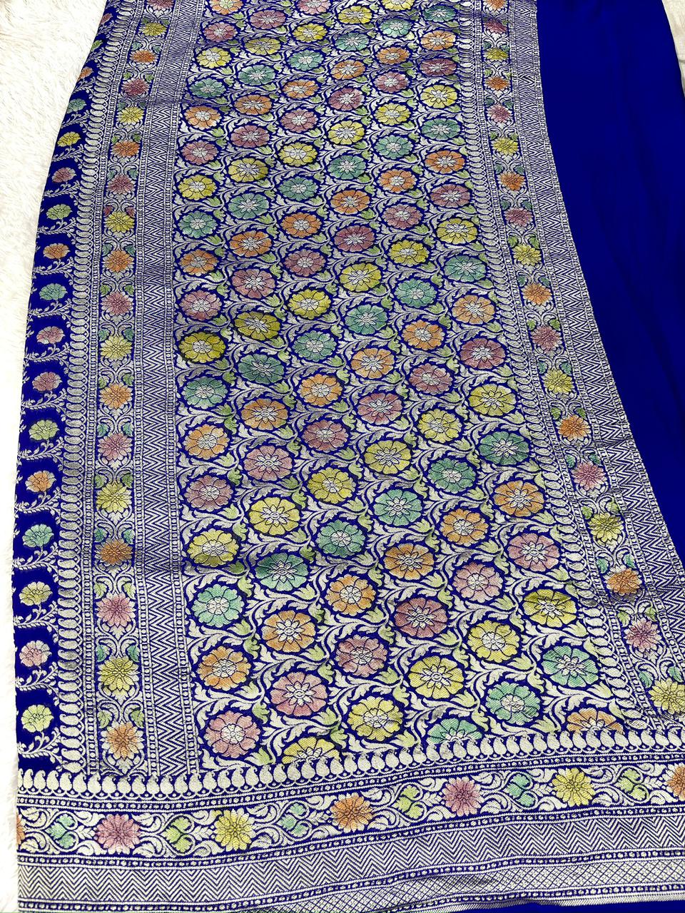 Majestic Royal Blue Khaddi Georgette Saree with Multi-Color Meenakari Jaal