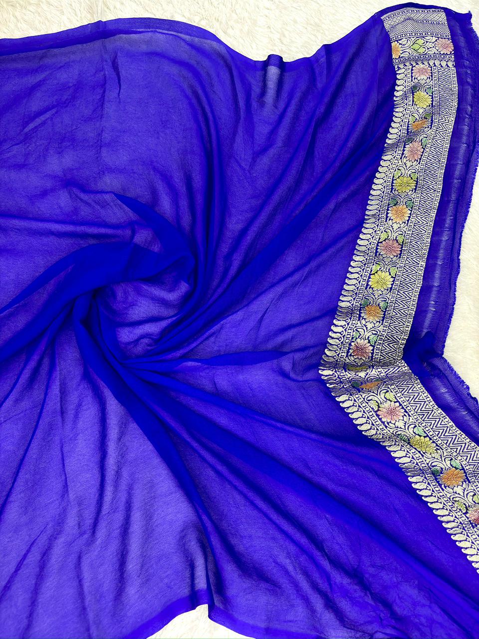 Majestic Royal Blue Khaddi Georgette Saree with Multi-Color Meenakari Jaal